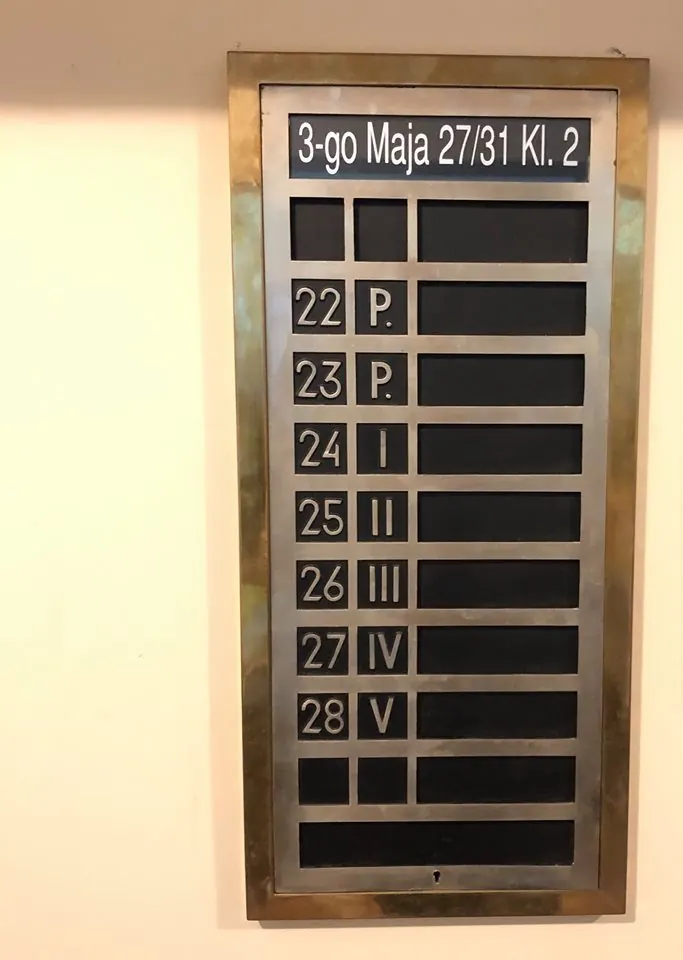 Mosiężna tablica lokatorów w kamienicy przy 3 Maja 27/31